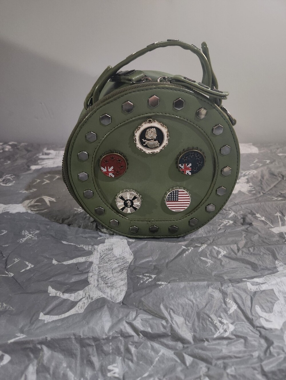 Round Olive Green Studded Crossbody with Badge Accents